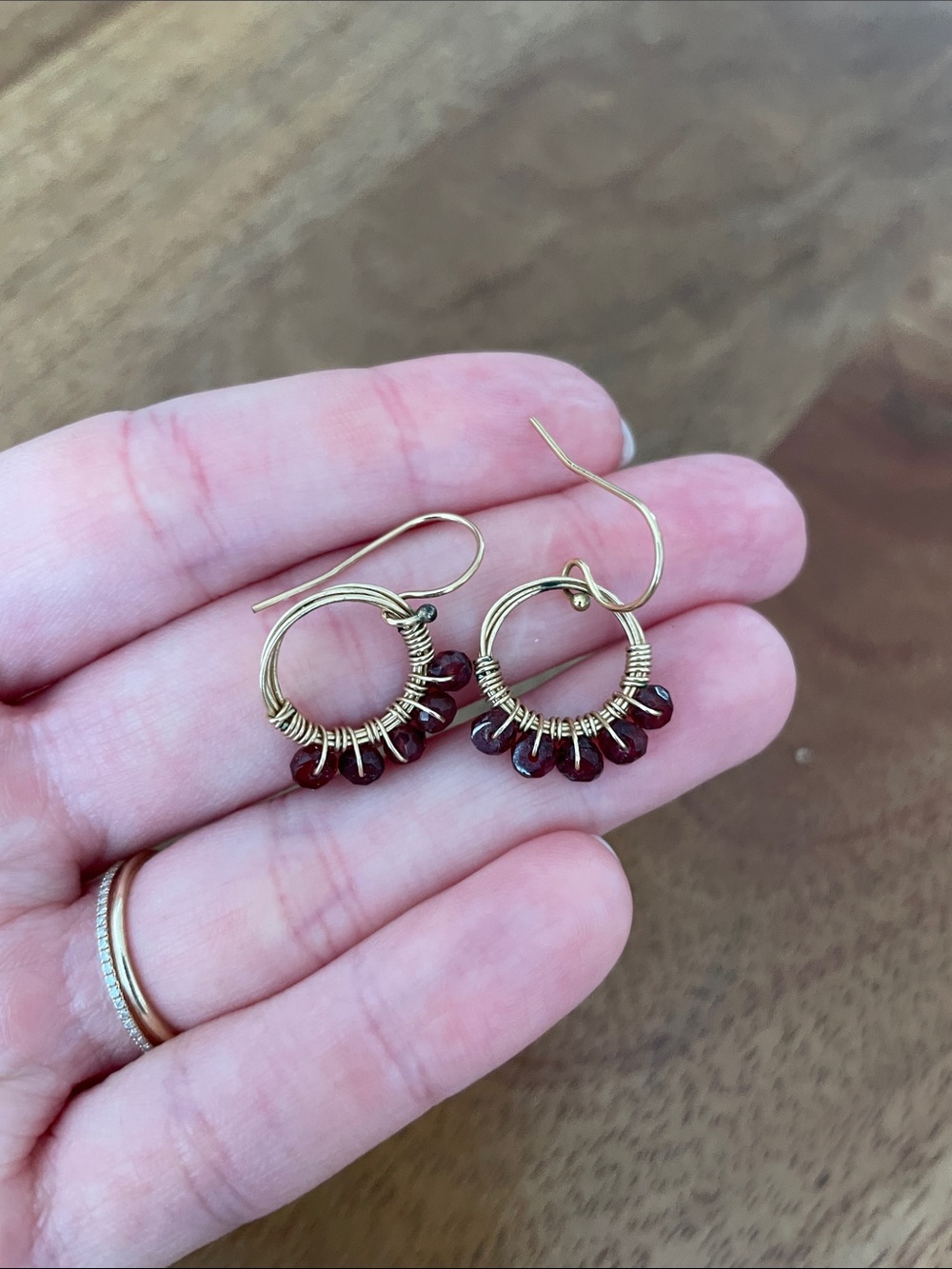 Gold Hoop Earrings with Deep Red Garnet Beads (January Birthstone)